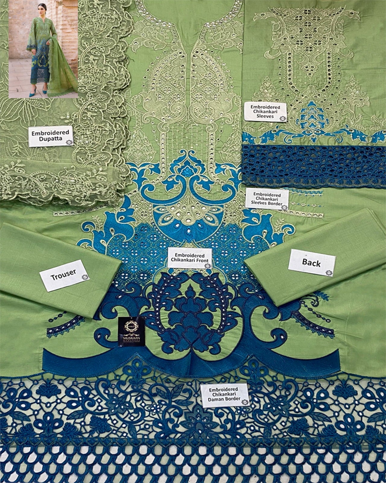 Maria.B Luxury Lawn Embroidered Chikankari Collection 1A- Pista & Teal Blue