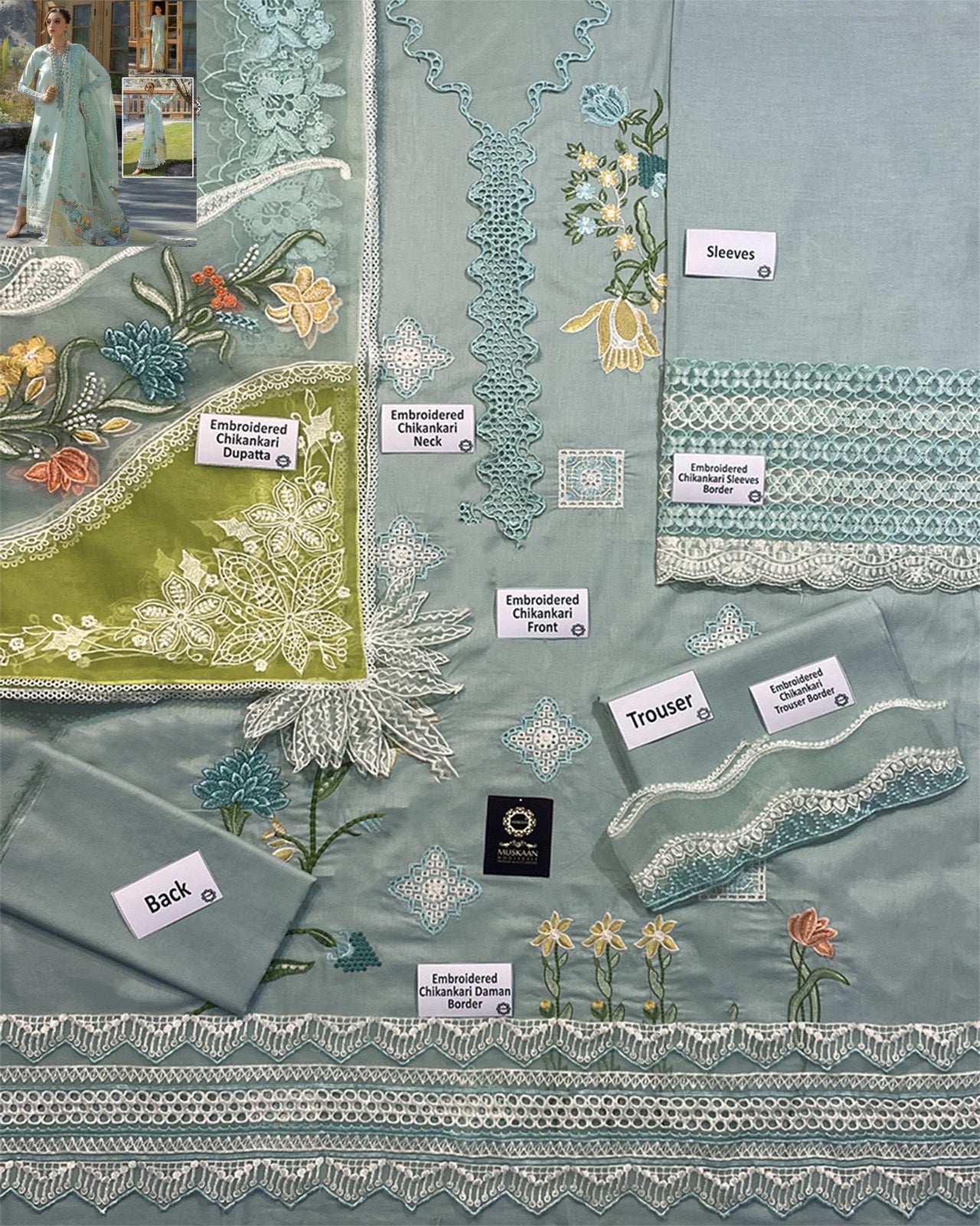 Crimson Embroidered Luxury CottonCollection- Soft Aqua