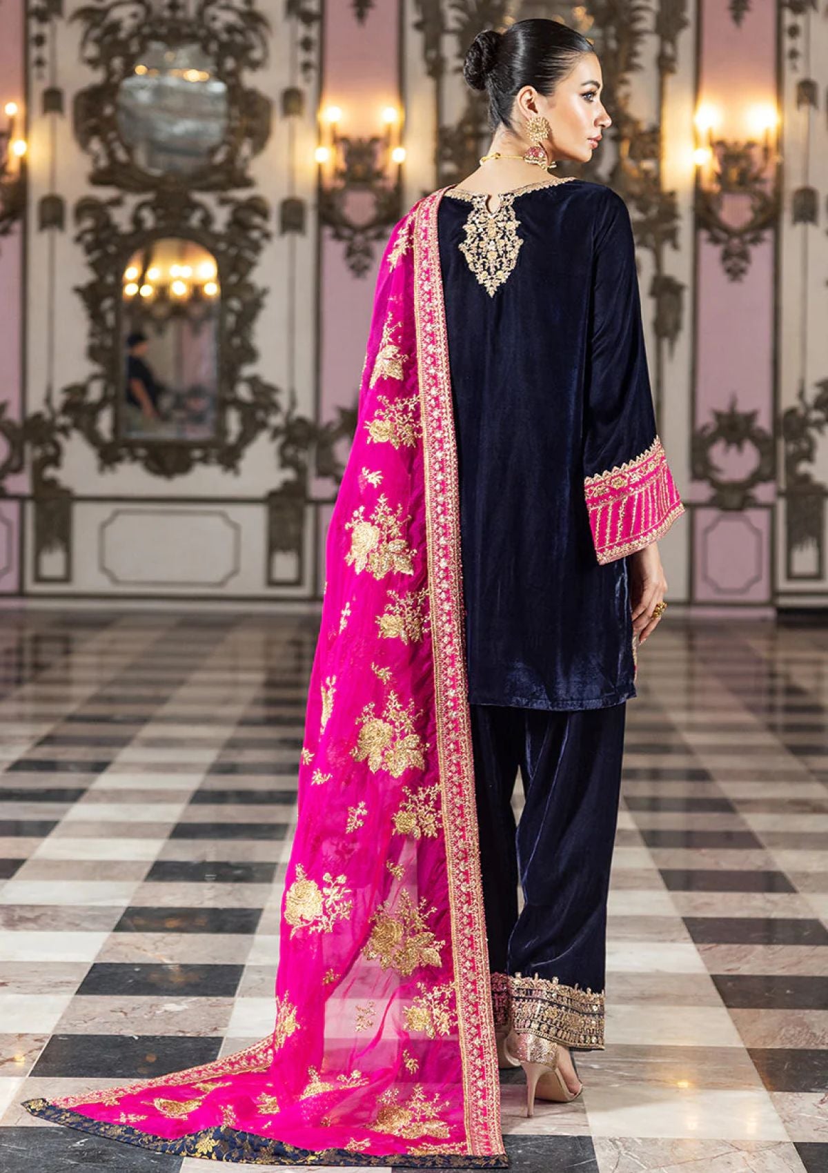 Zainab Chottani Luxury Velvet Wedding Collection- Navy Blue & Pink