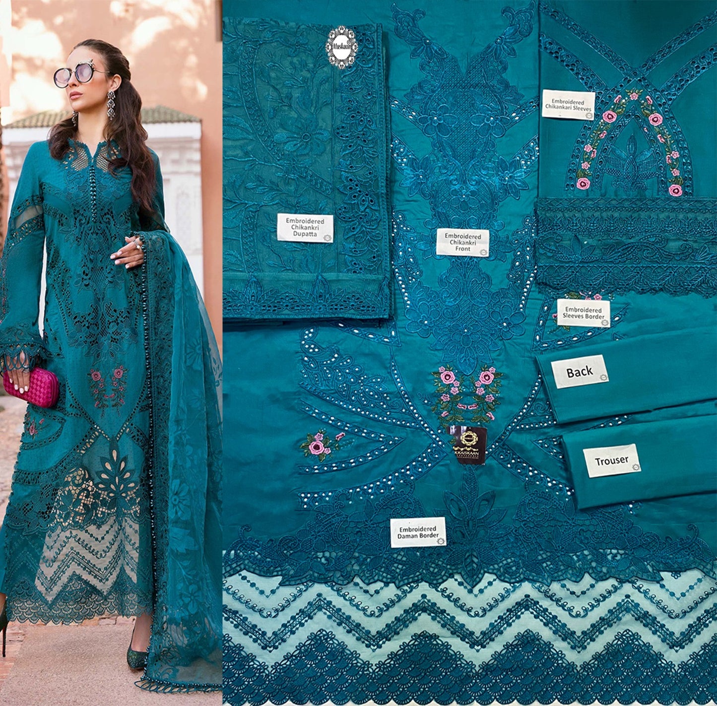 Maria.B Luxury Lawn Embroidered Chikankari Embroidered Duppata Collection- Teal Green