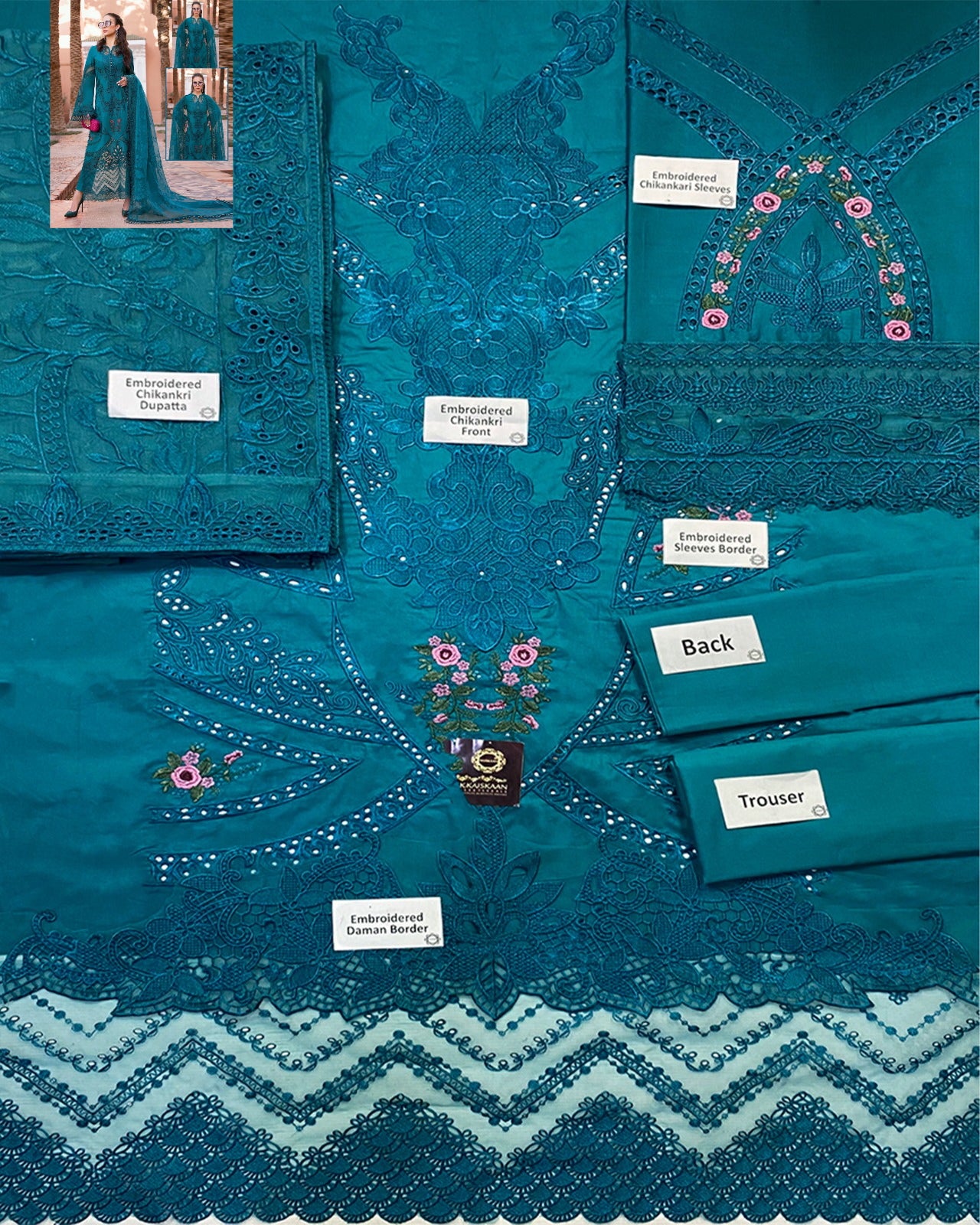 Maria.B Luxury Lawn Embroidered Chikankari Embroidered Duppata Collection- Teal Green