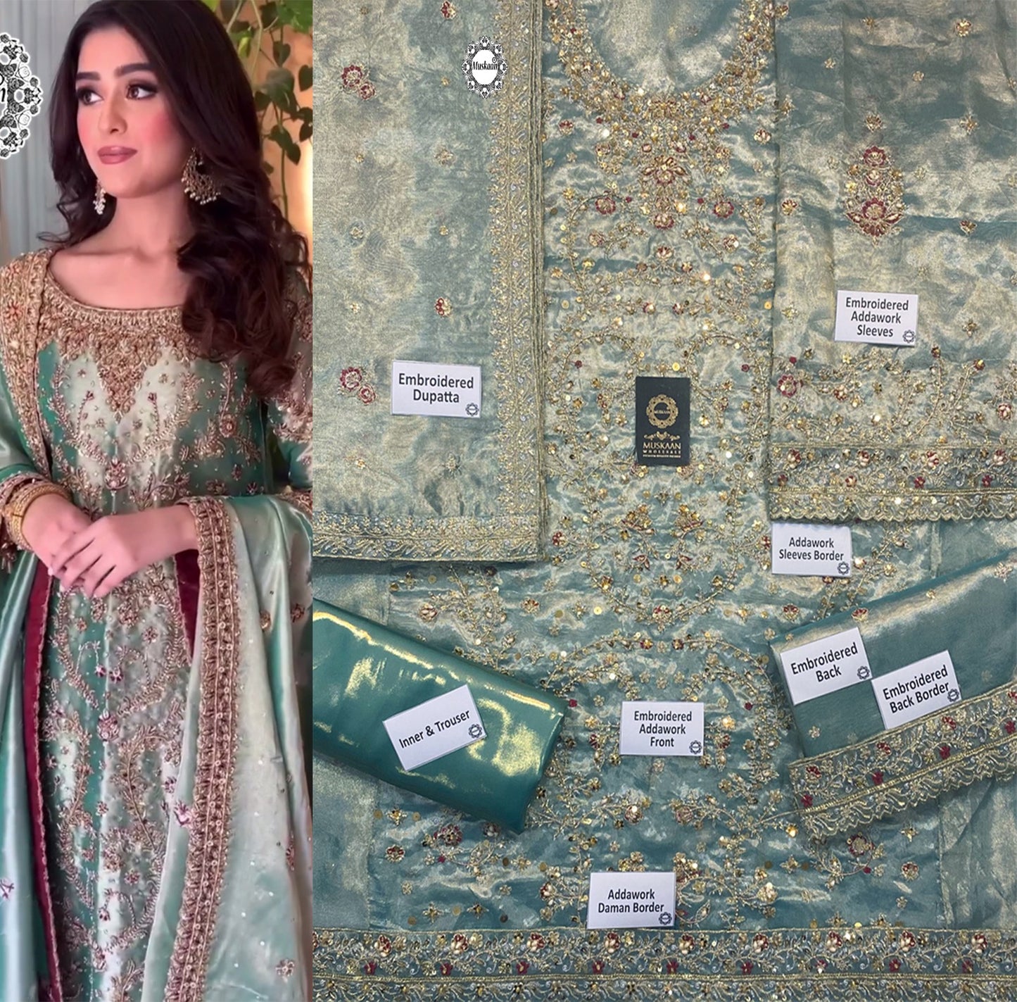 Harris Shakeel Embroidered Addawork Formal Wedding Wear Collection-Seagreen Gold
