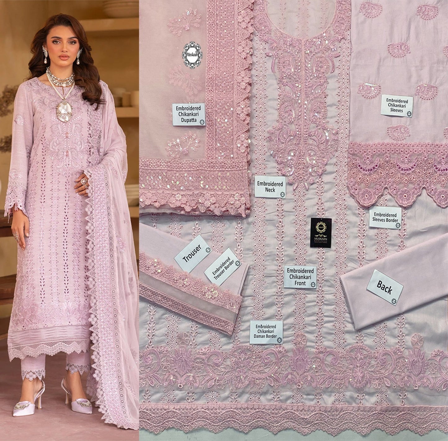Nureh Embroidered Chikankari Luxury Lawn Collection- Powder Baby Pink