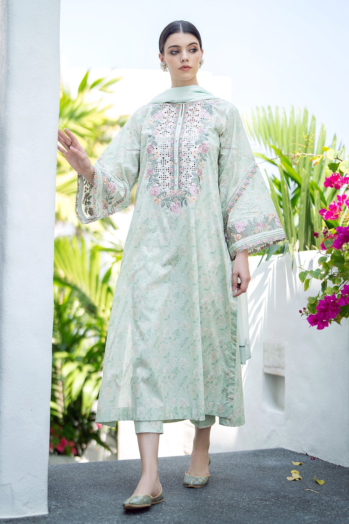 Baroque Digital Printed & Chikankari Pashmina Wool Collection - Misty Seagreen