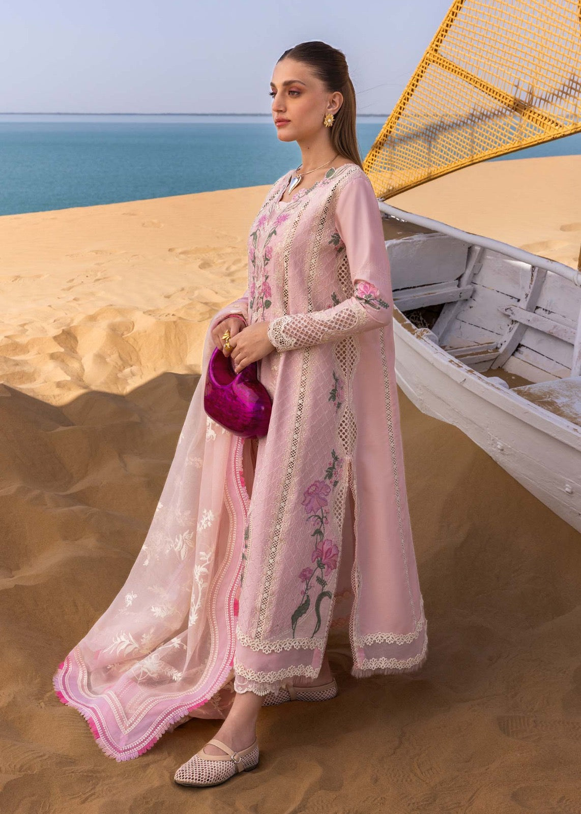 Crimson Flow Luxury Embroidered Chikankari Collection- Powder Pink 2B