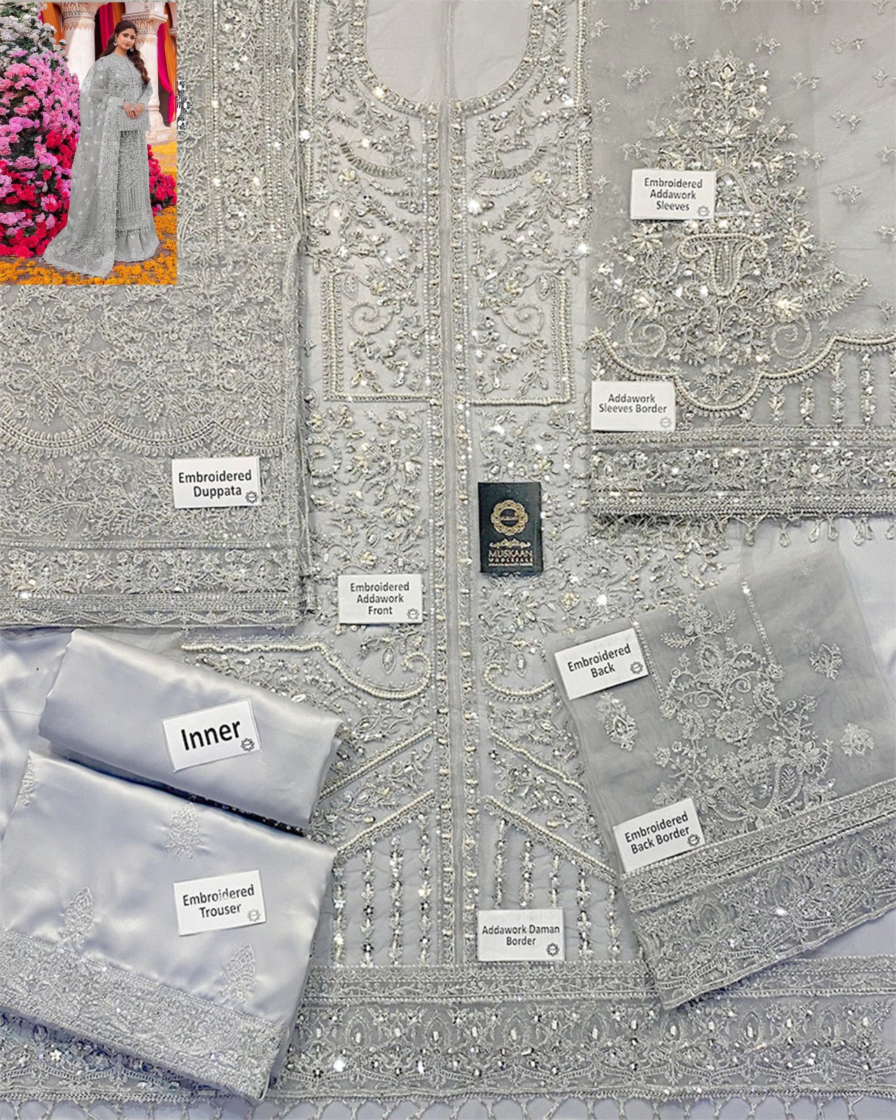 Kanwal Malik Embroidered Luxury Addawork Collection- Silver Grey