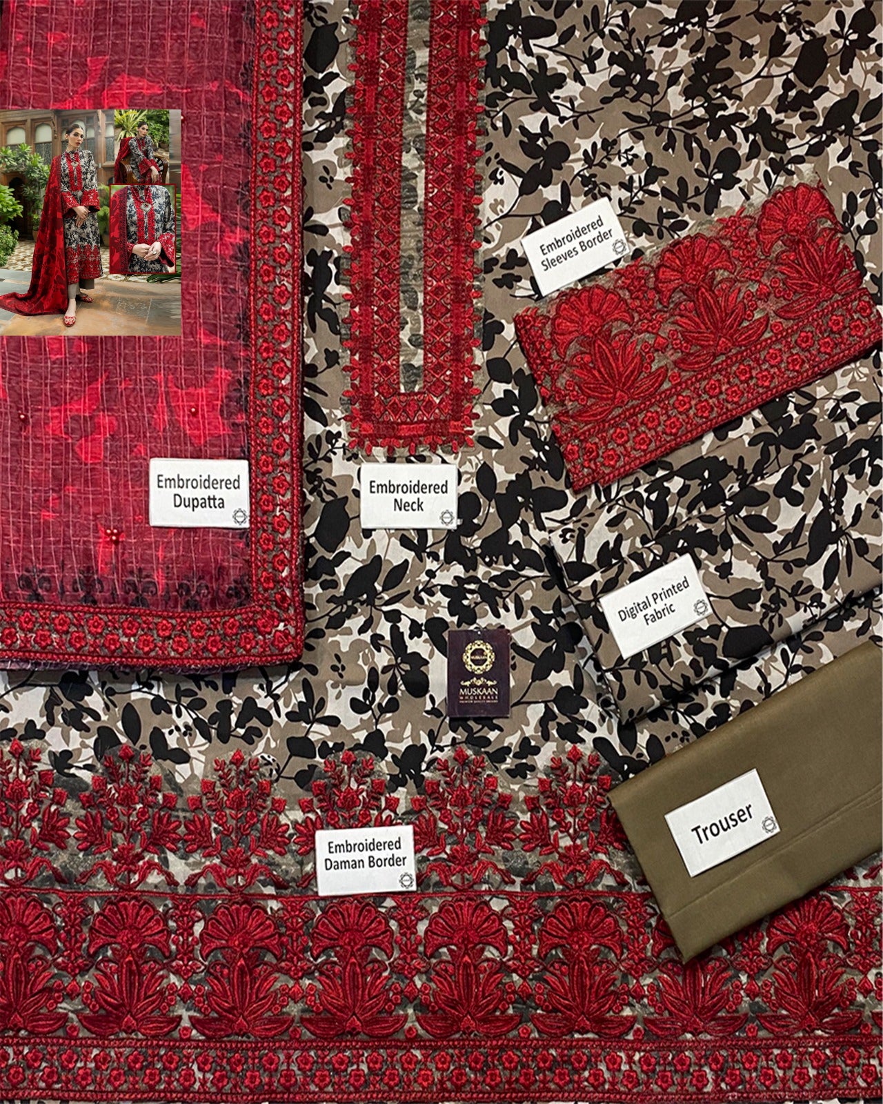 Zainab Chottani Summer Swiss Lawn Collection -Reddish Marroon & Grey