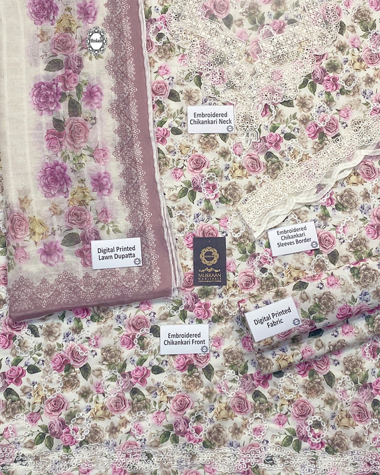 Baroque Digital Printed Chikankari Swiss lawn Collection - Ivory Flora