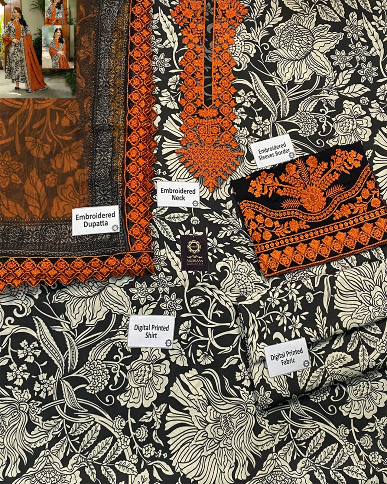 Zainab Chottani Summer Swiss Lawn Collection -Beige & Tangerine