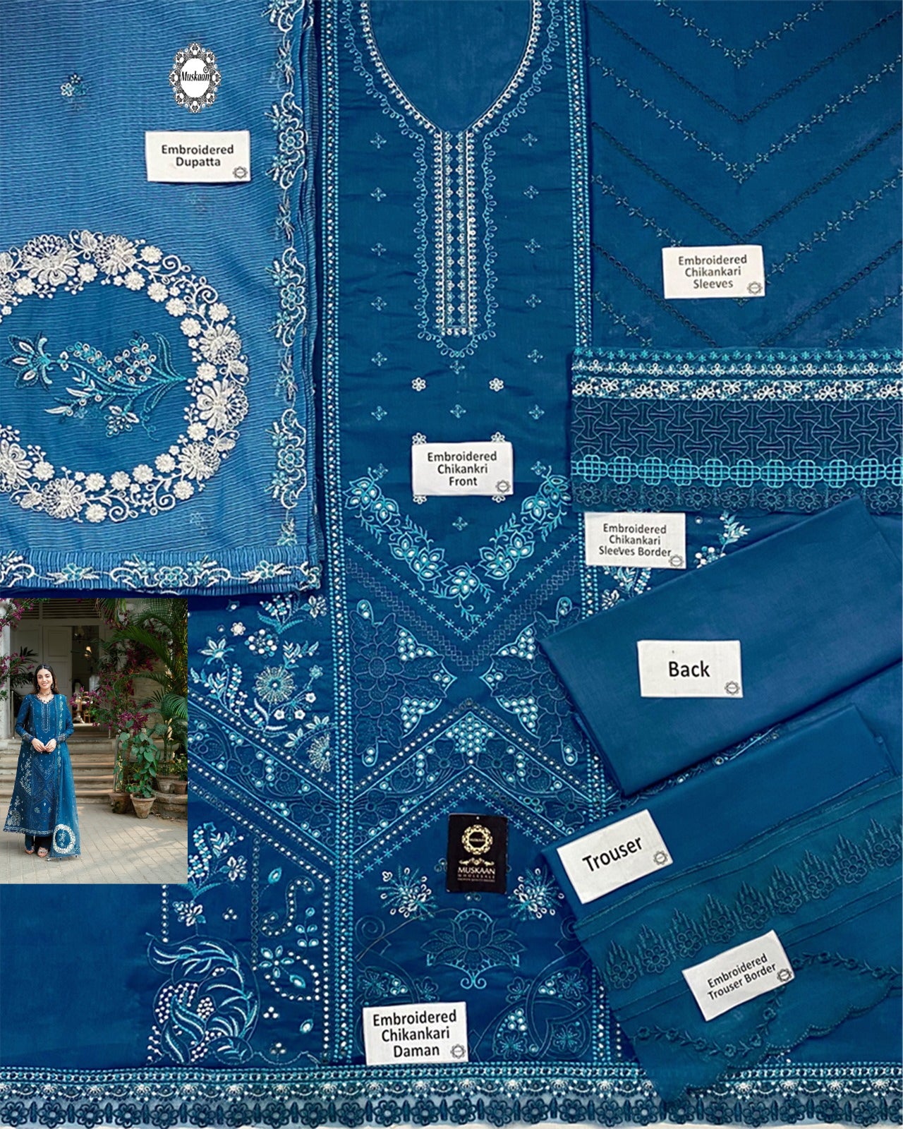 Qalamkar Luxury Chikankari Eid Lawn Collection- Teal Blue