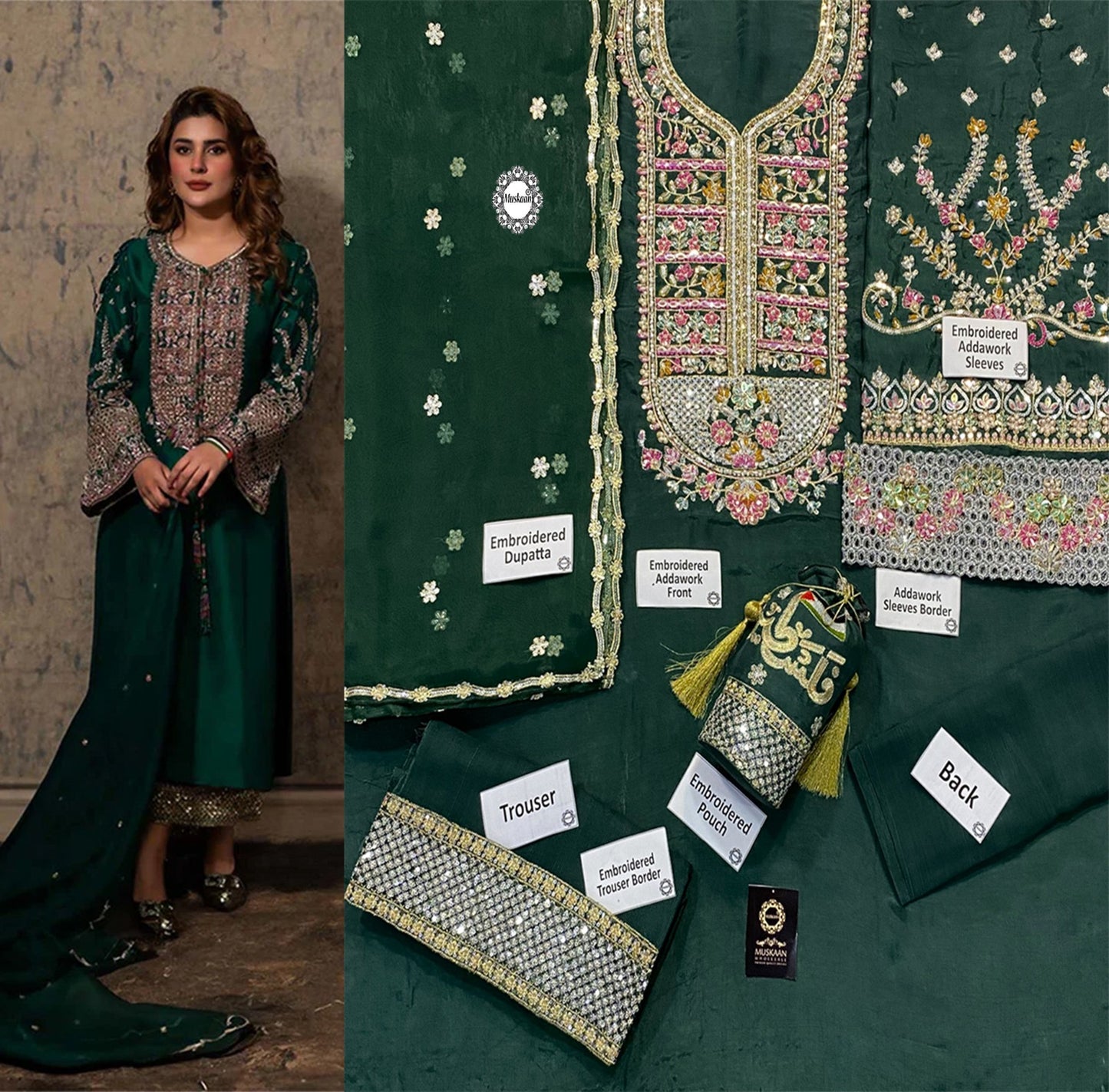 Hijab Omer Luxury Hand Embellished Addawork Formal Wedding Collection- Bottle Green