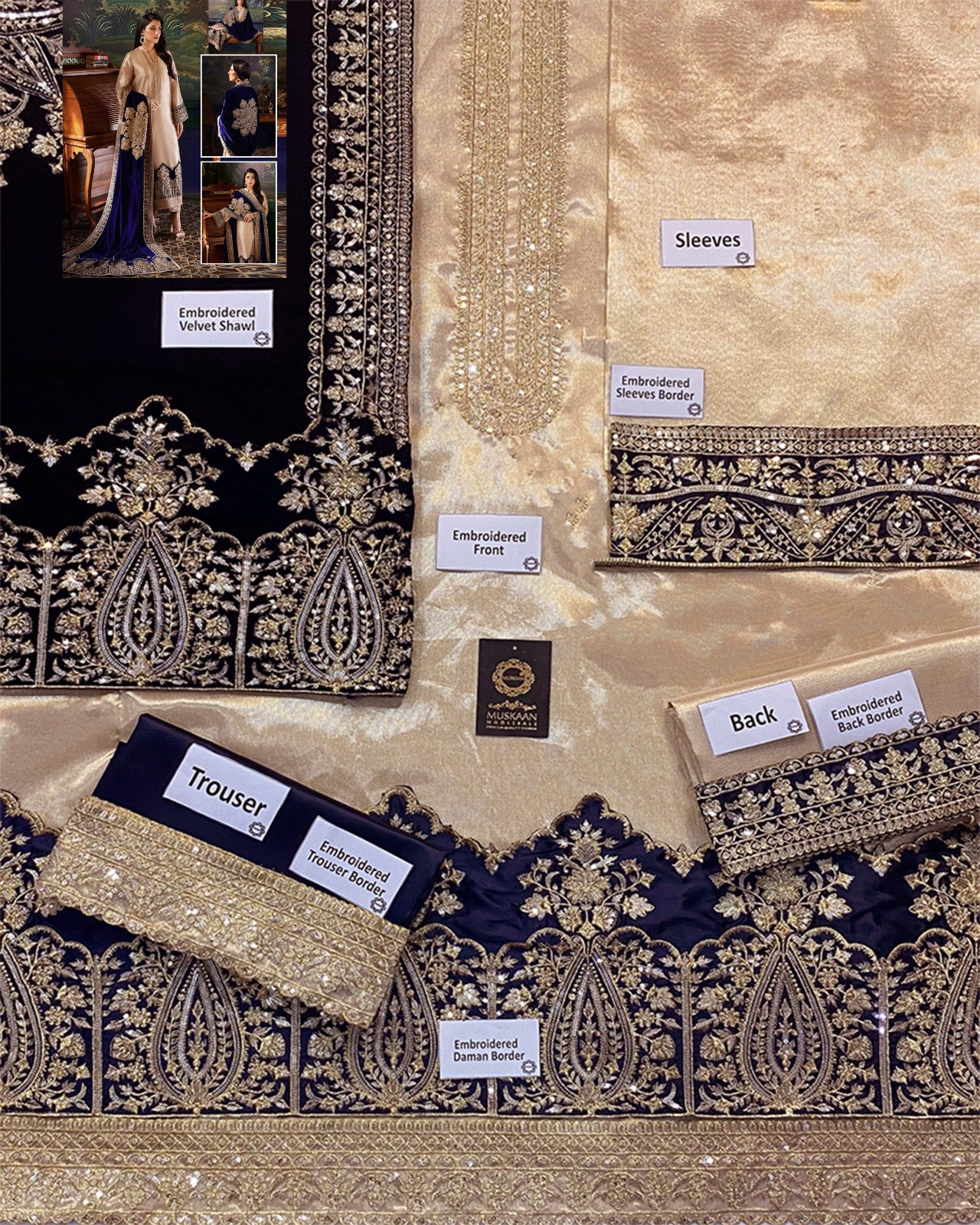 Zainab Chottani Velvet Festive Wedding Collection -Gold & Navy blue