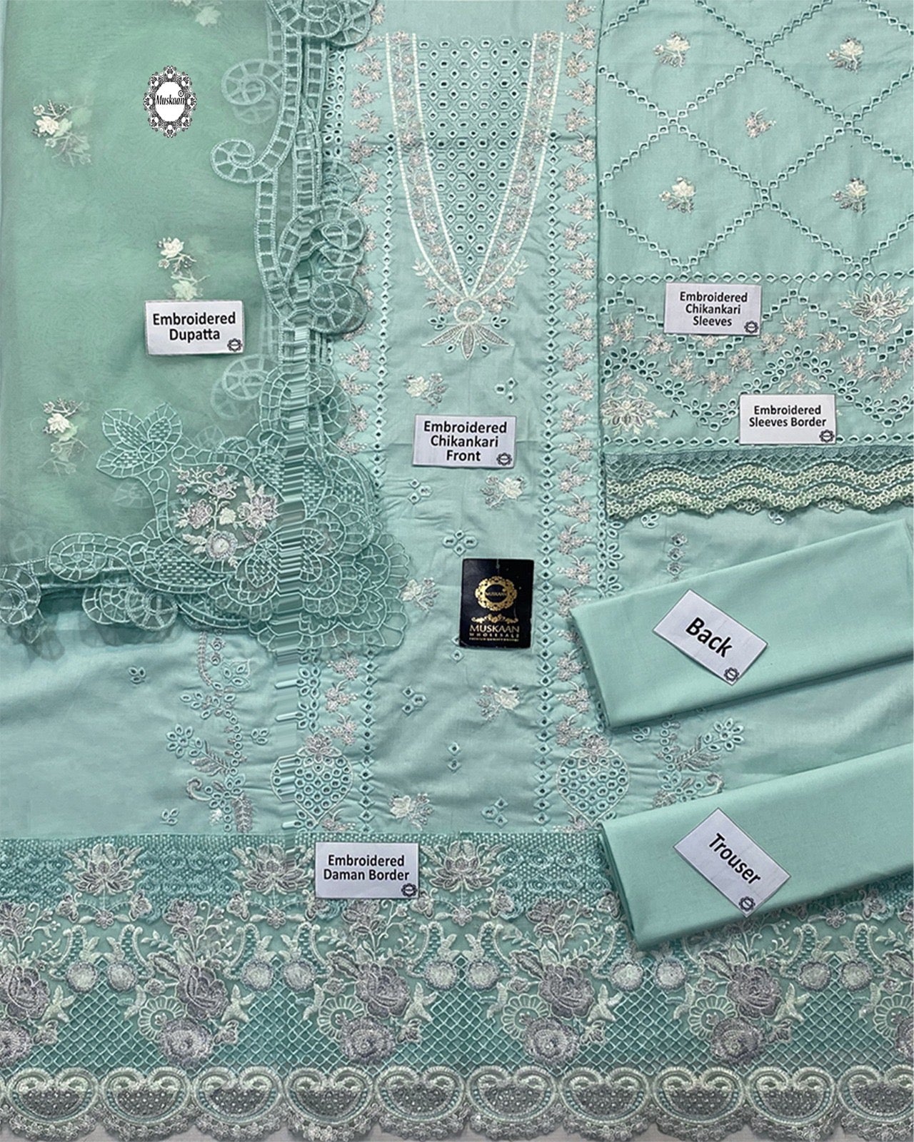Nureh Embroidered Chikankari Luxury Lawn Collection- Sea Green
