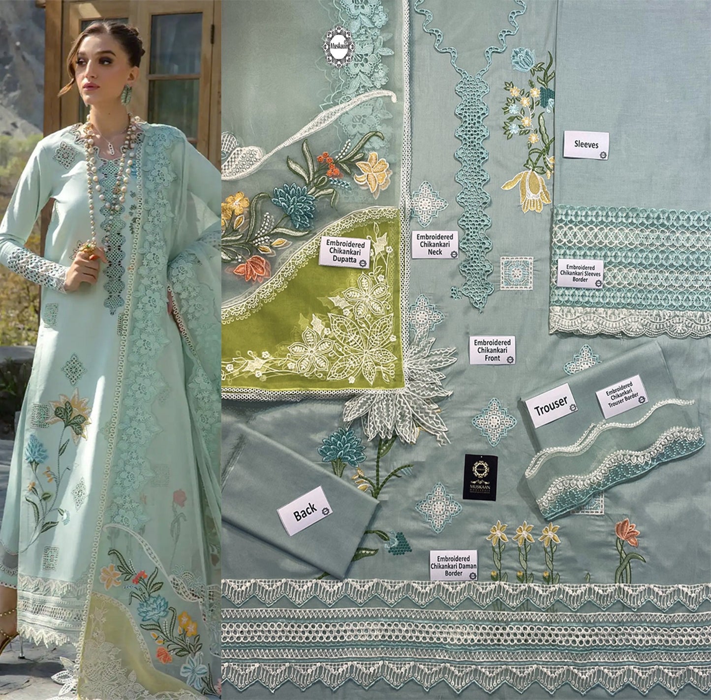 Crimson Embroidered Luxury CottonCollection- Soft Aqua