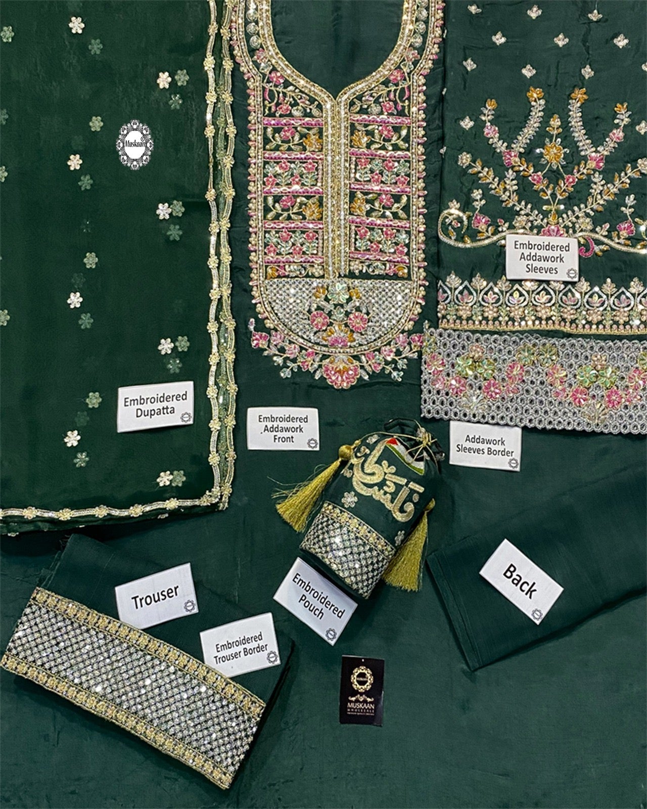 Hijab Omer Luxury Hand Embellished Addawork Formal Wedding Collection- Bottle Green