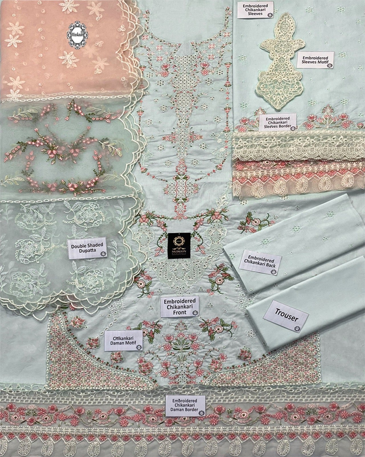 Qalamkar Luxury Embroidered Chikankari Lawn Collection- Light Seagreen