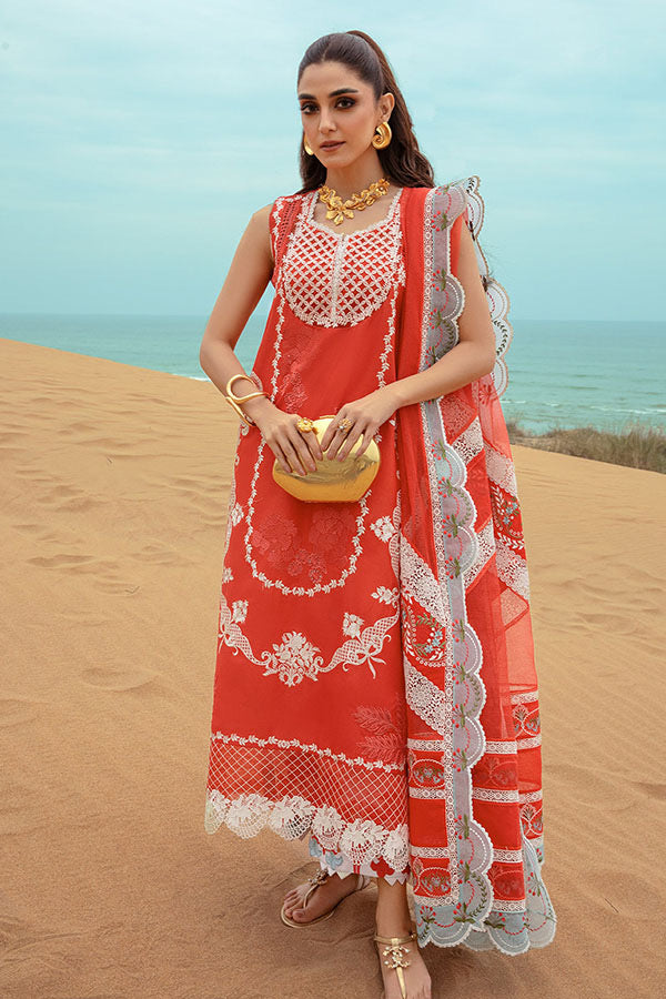 Saira Shakira By Crimson Embroidered Chikankari Luxury Lawn Collection-Carrot Red & Light Seagreen