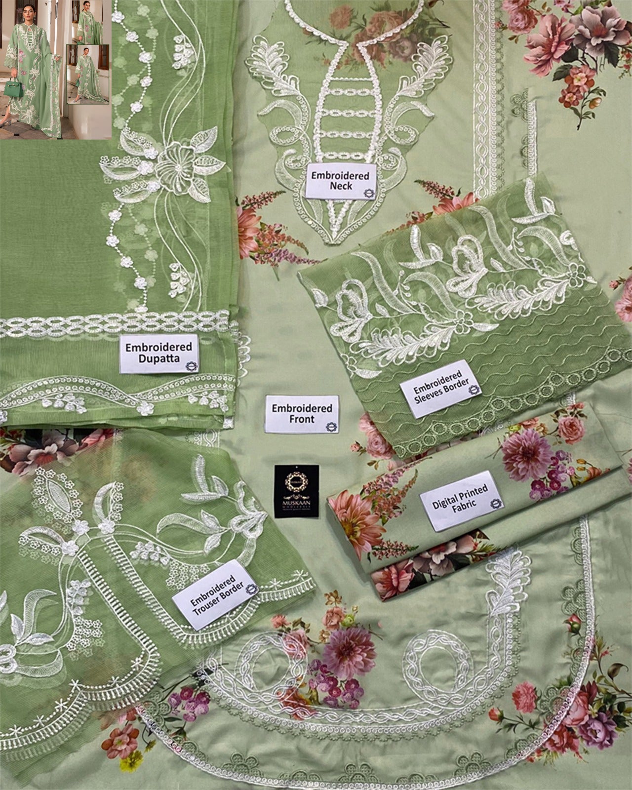 Crimson Summer Luxury Swiss Lawn Collection -Pista Green