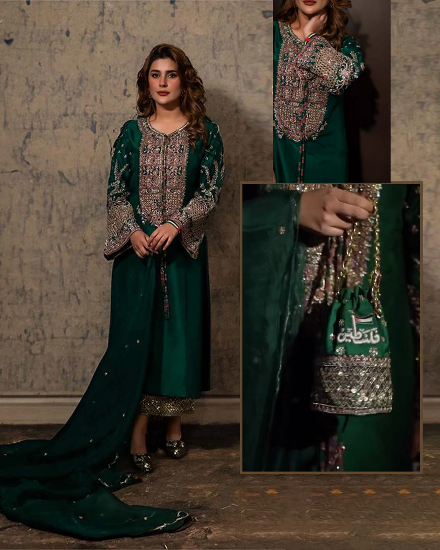 Hijab Omer Luxury Hand Embellished Addawork Formal Wedding Collection- Bottle Green