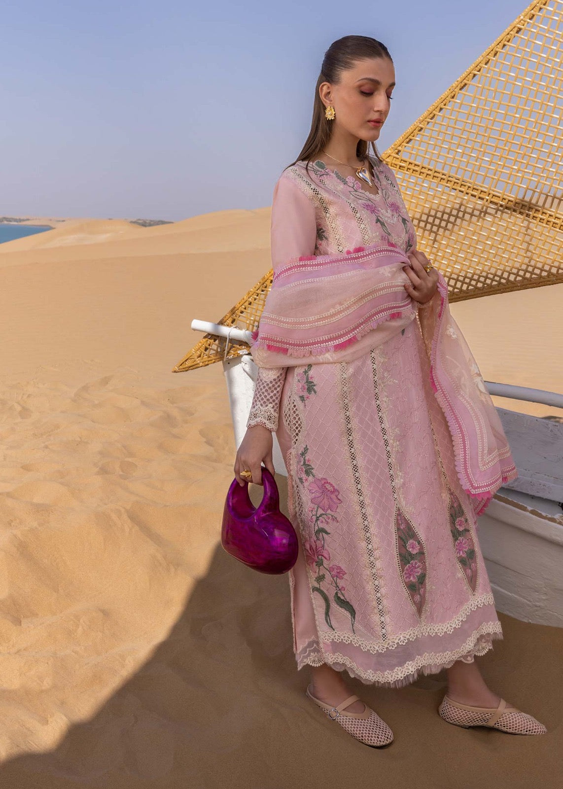 Crimson Flow Luxury Embroidered Chikankari Collection- Powder Pink 2B