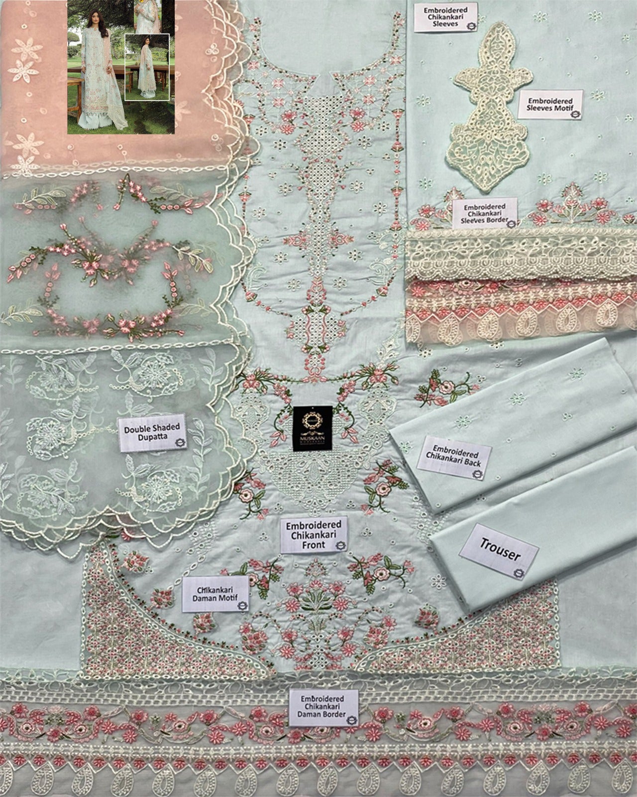Qalamkar Luxury Embroidered Chikankari Lawn Collection- Light Seagreen