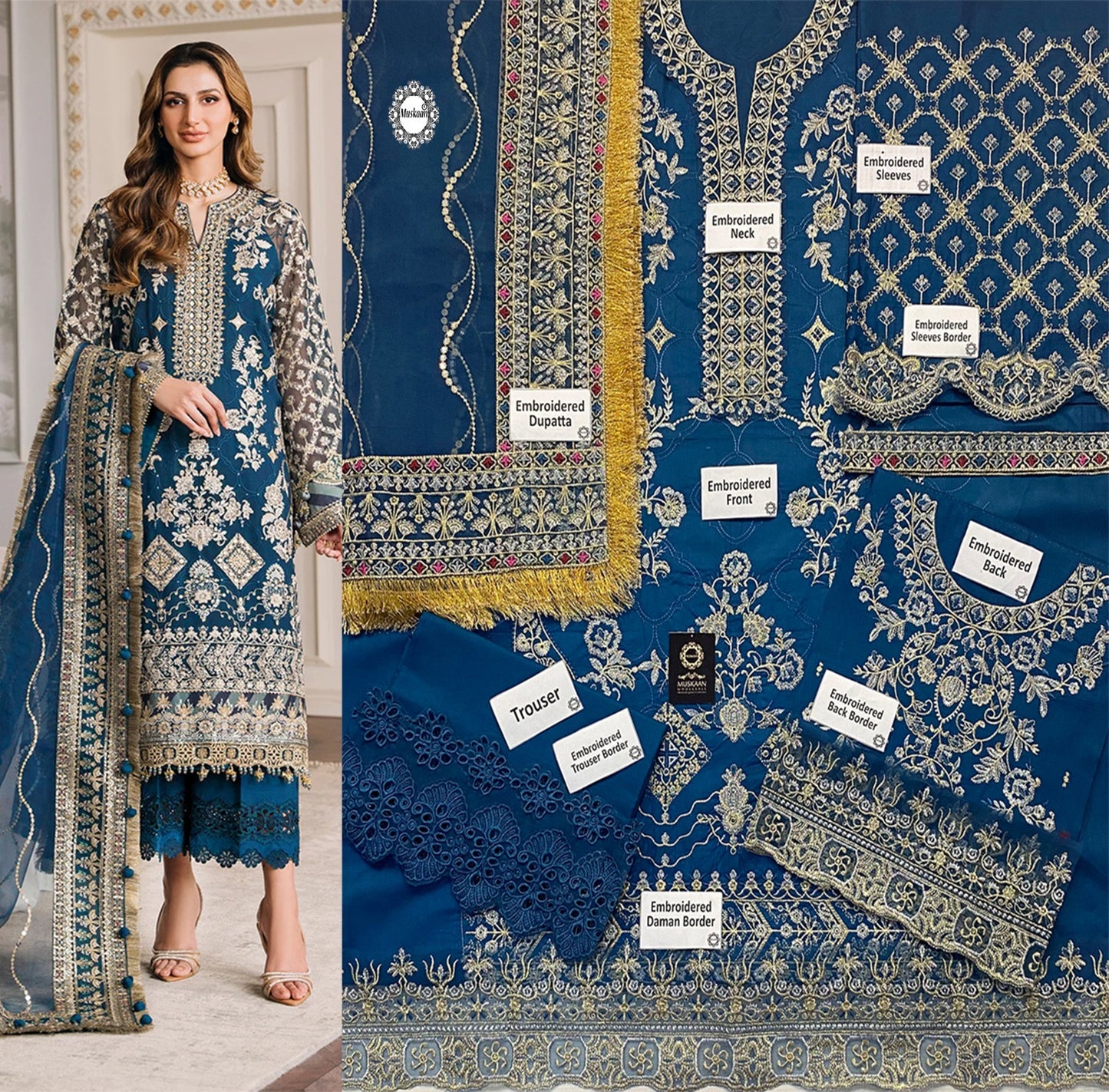 Baroque Embroidered Luxury Lawn Collection- Teal Blue