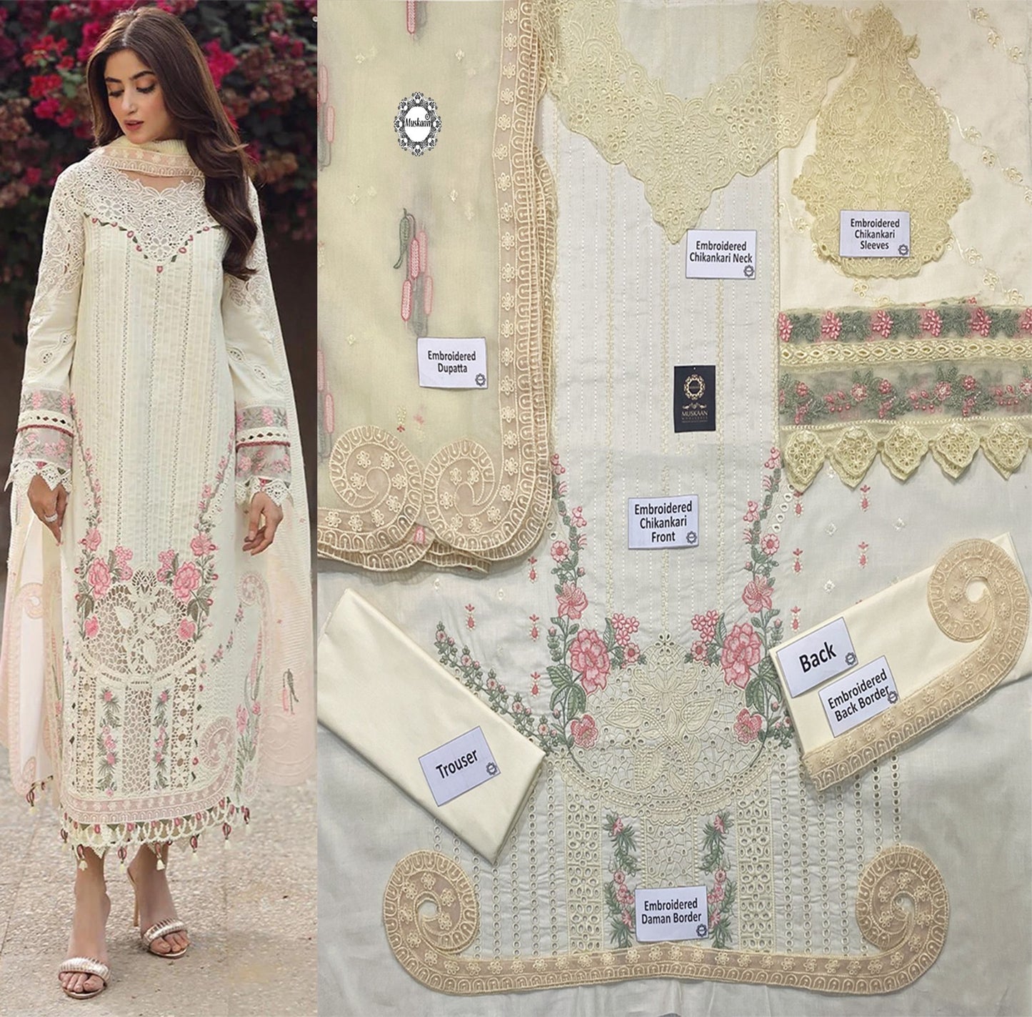 Qalamkar Embroidered Chikankari Luxury Lawn Collection- Pearl White