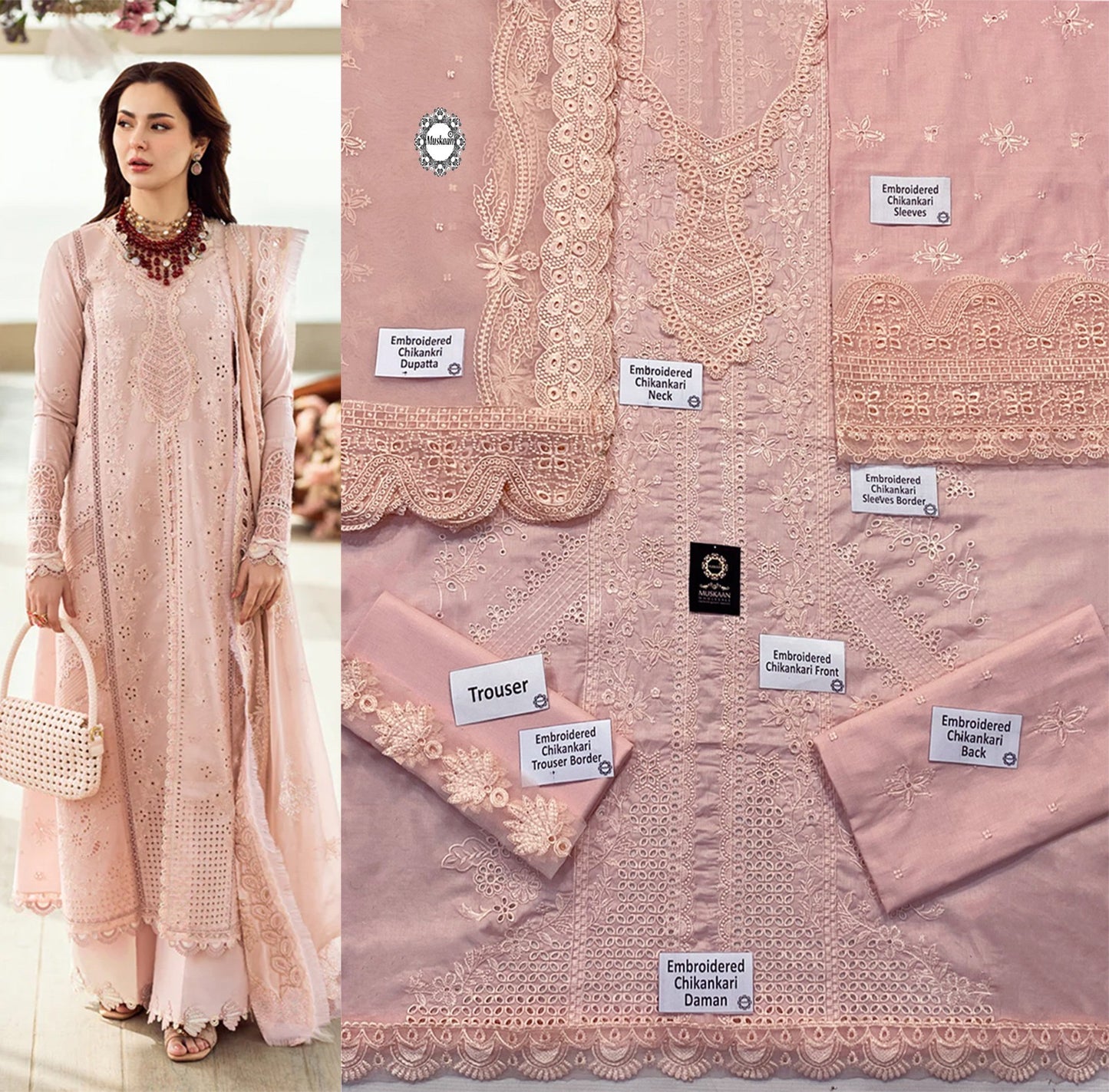 Qalamkar Sahil Luxury Lawn Chikankari Collection- Tea Rose Pink