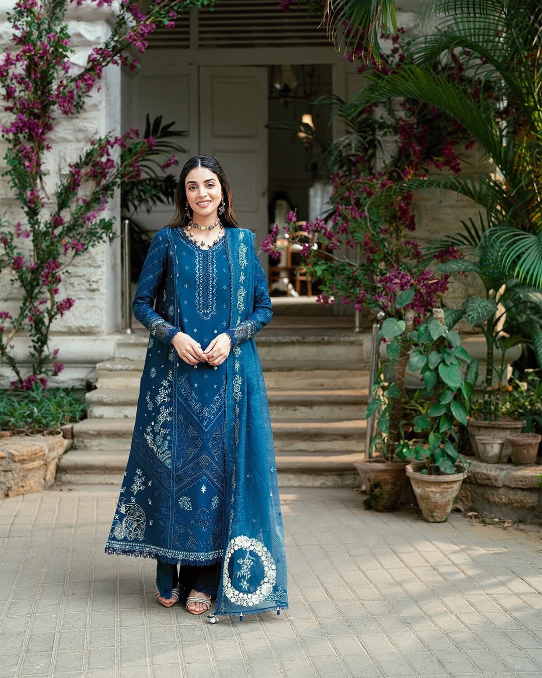 Qalamkar Luxury Chikankari Eid Lawn Collection- Teal Blue