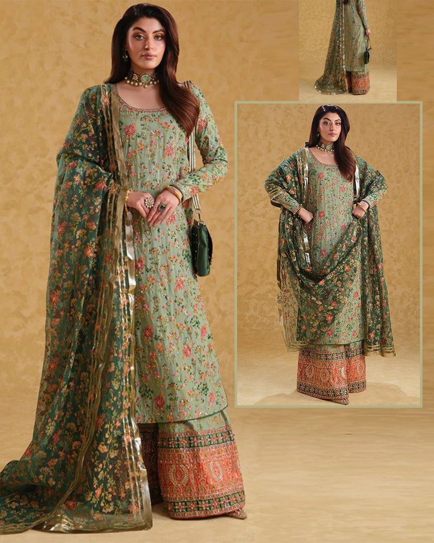 Neloo's Luxury Raw Silk Hand Embellished Formal Wedding Collection-Pista Green