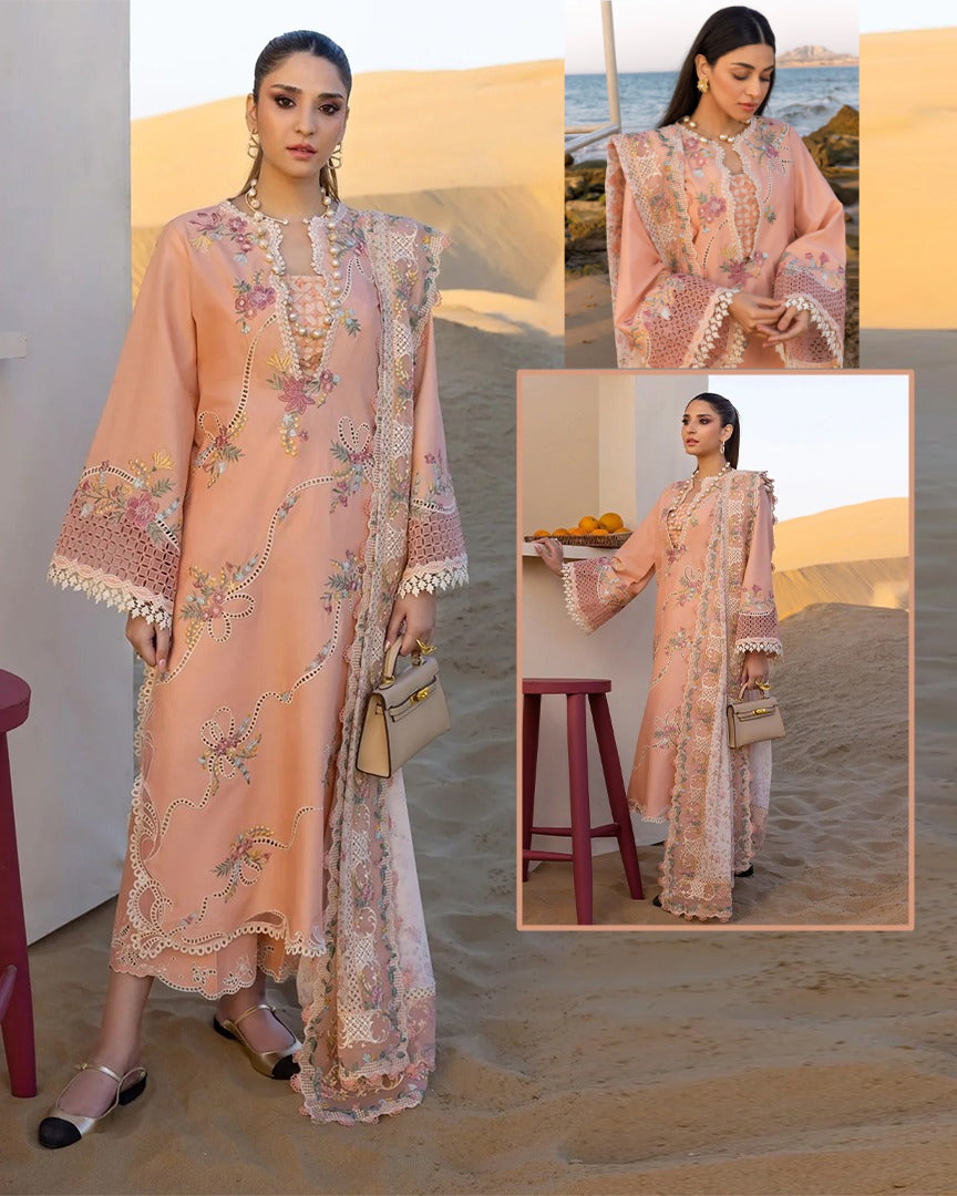 Crimson Flow Luxury Embroidered Chikankari Lawn Collection- Peach Pink
