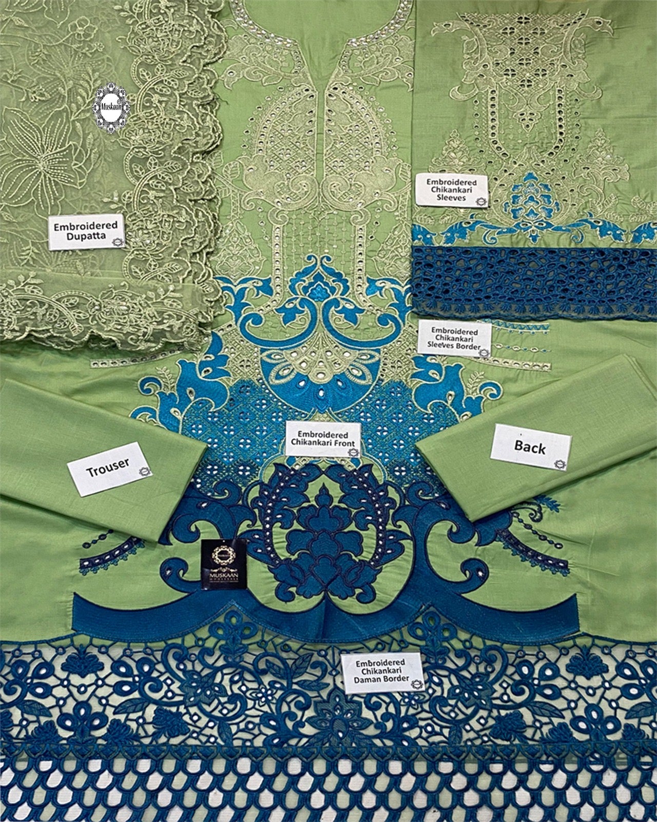 Maria.B Luxury Lawn Embroidered Chikankari Collection 1A- Pista & Teal Blue