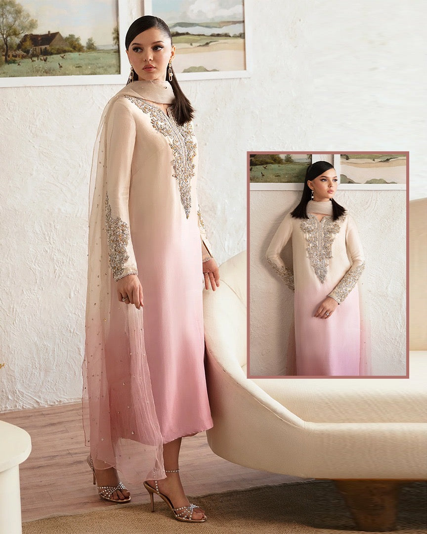 Kanwal Malik Rawsilk Luxury Formal Wedding Collection Hand Embellished- Pearl White & Teapink