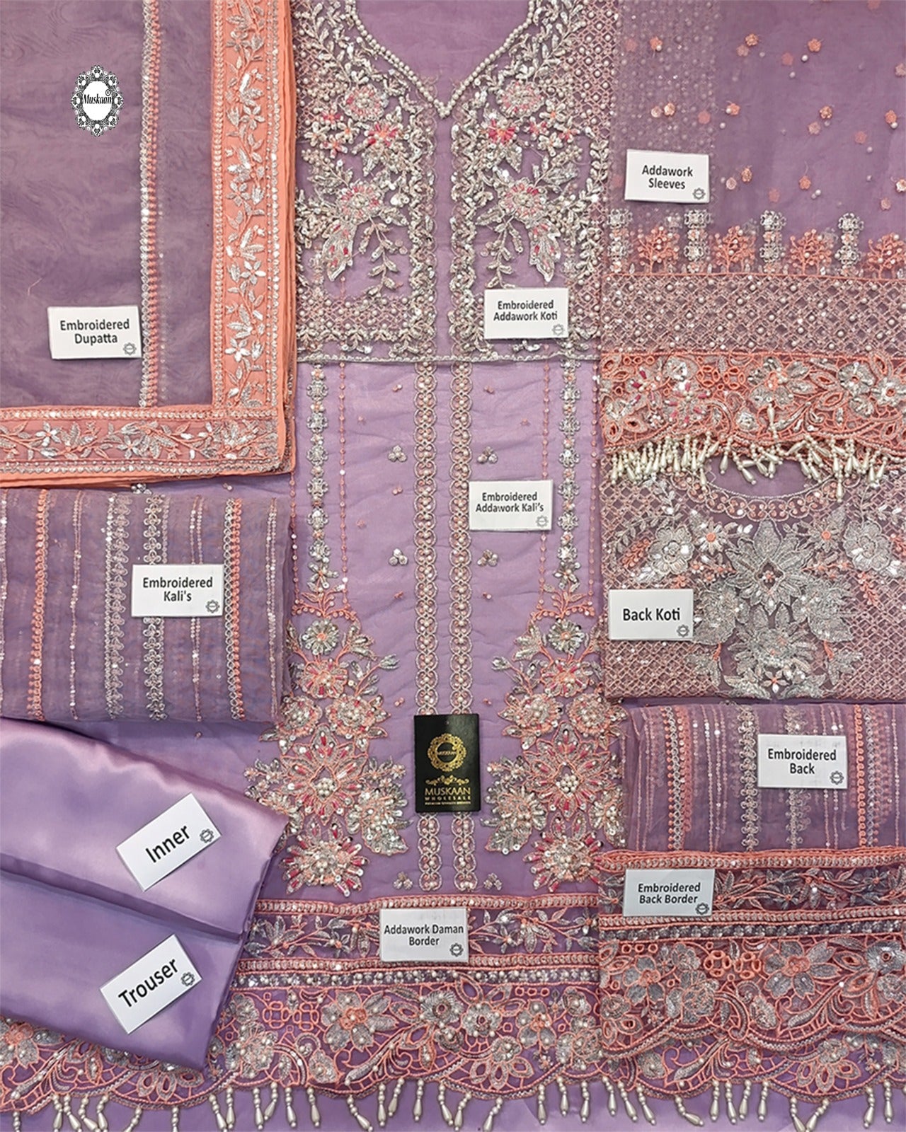 Mushq Embroidered Luxury Festive Addawork Collection- Lavender