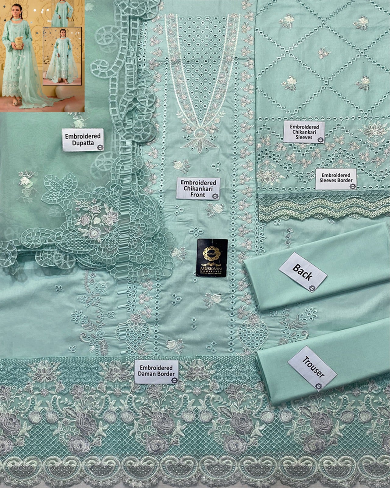 Nureh Embroidered Chikankari Luxury Lawn Collection- Sea Green