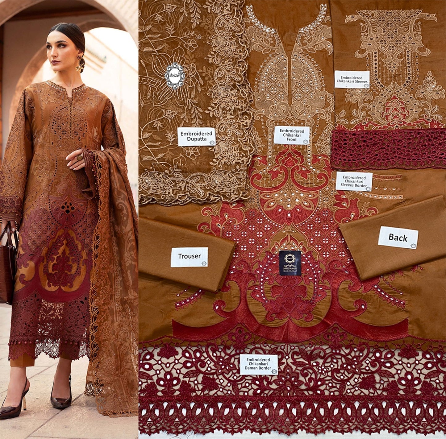 Maria.B Luxury Lawn Embroidered Chikankari Collection 1B- Brown & Reddish Maroon