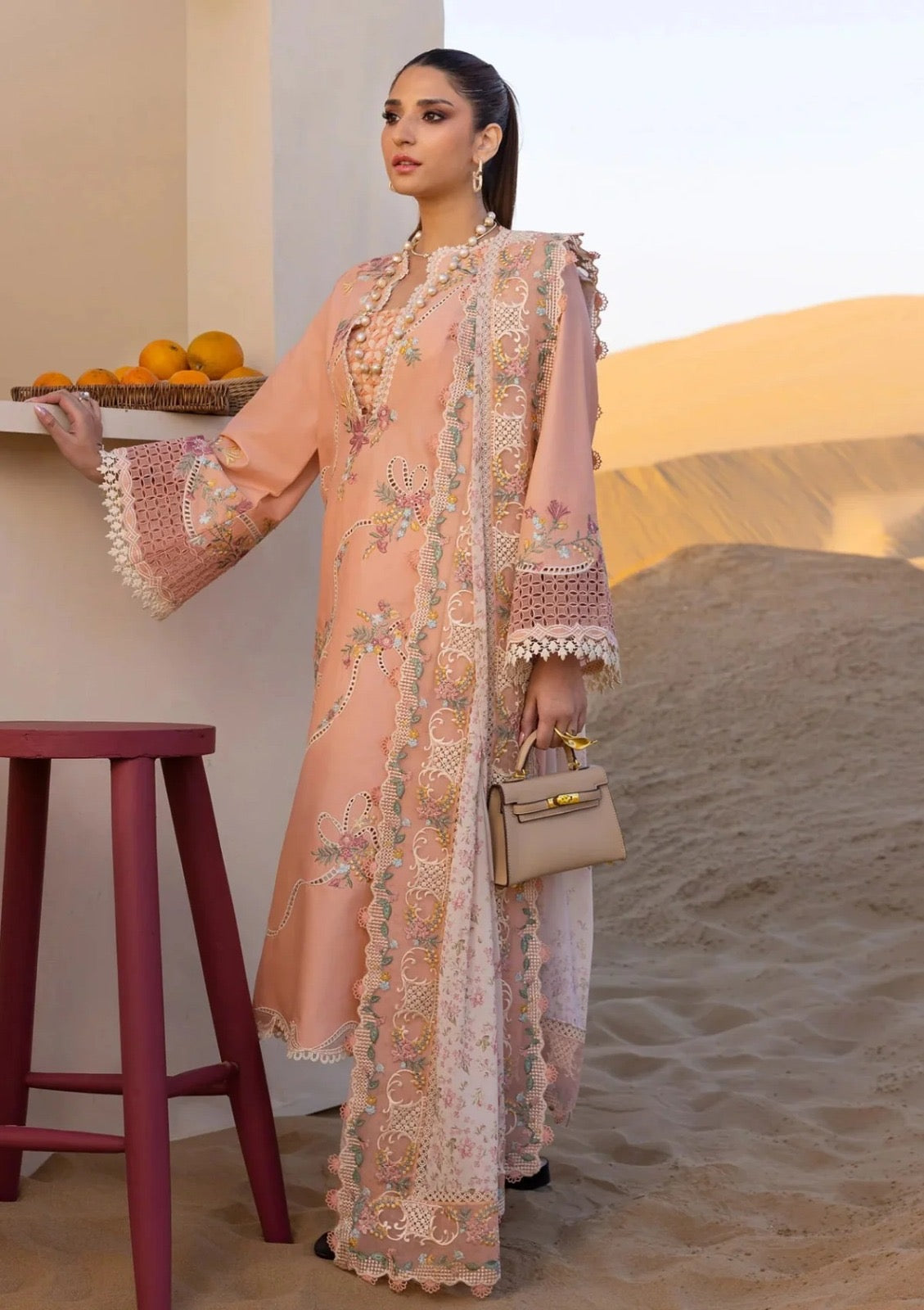 Crimson Flow Luxury Embroidered Chikankari Lawn Collection- Peach Pink