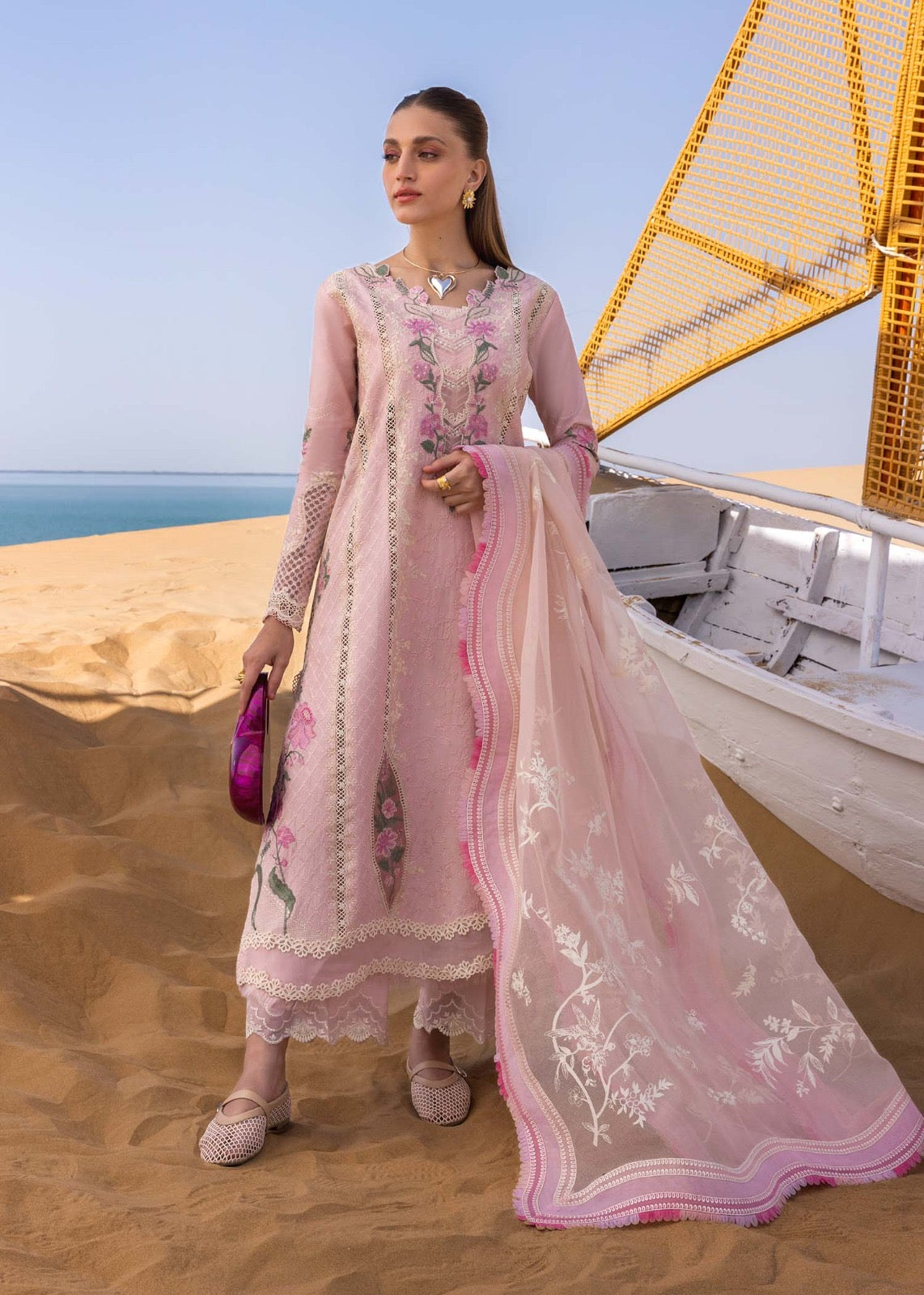 Crimson Flow Luxury Embroidered Chikankari Collection- Powder Pink 2B