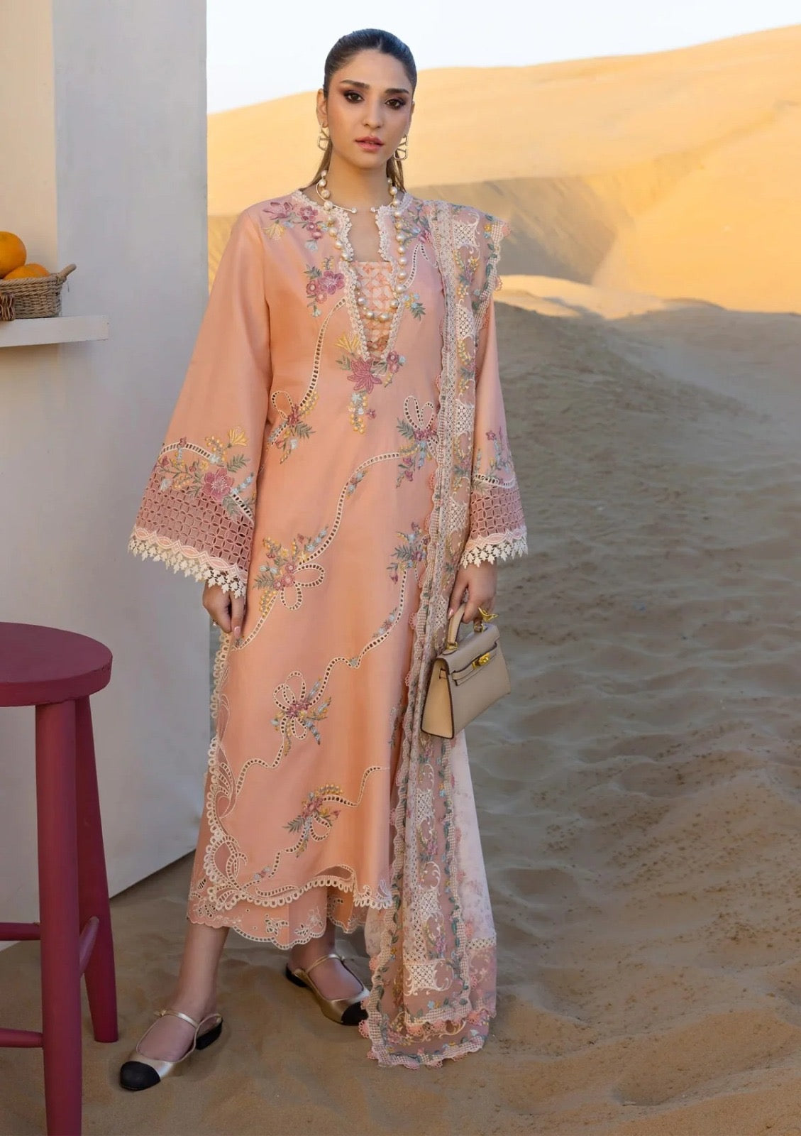 Crimson Flow Luxury Embroidered Chikankari Lawn Collection- Peach Pink