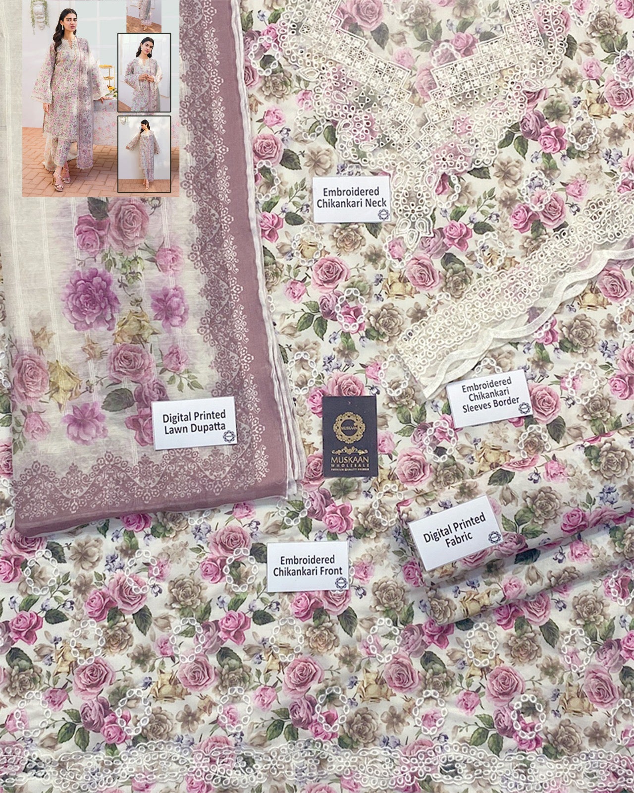 Baroque Digital Printed Chikankari Swiss lawn Collection - Ivory Flora