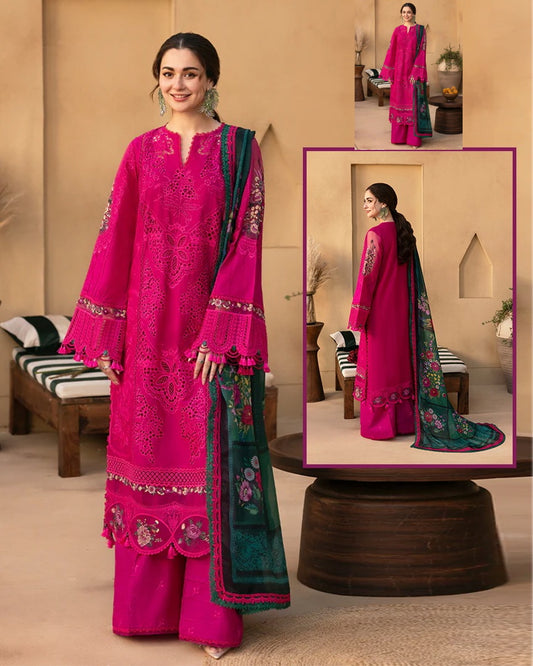 Saira Rizwan Luxury Lawn Embroidered Chikankari Collection- Hot Pink & Bottle Green