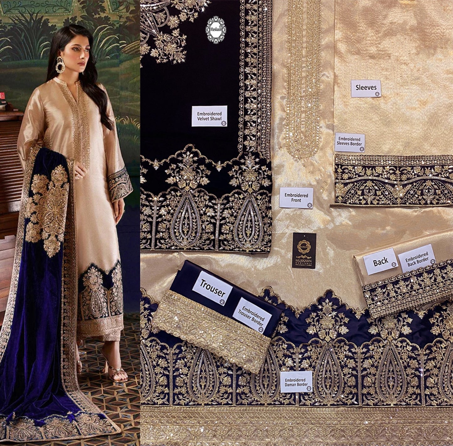 Zainab Chottani Velvet Festive Wedding Collection -Gold & Navy blue