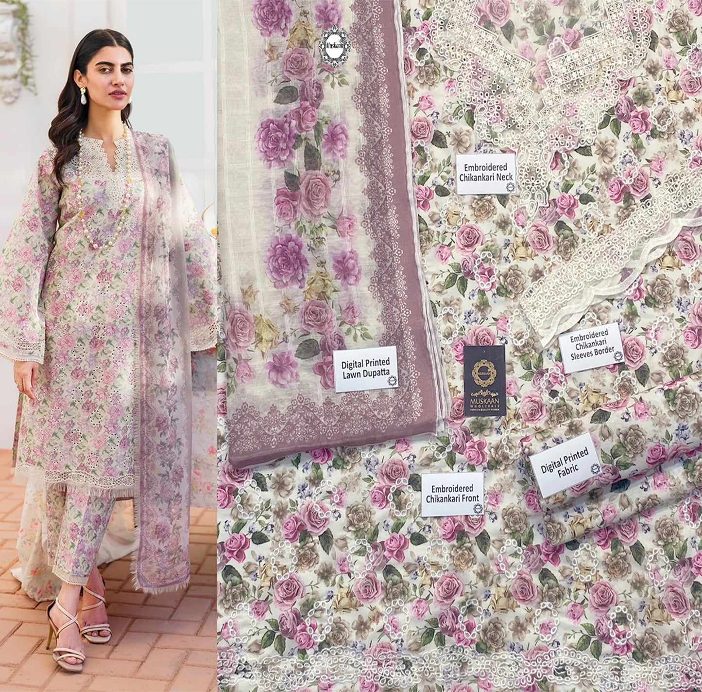 Baroque Digital Printed Chikankari Swiss lawn Collection - Ivory Flora