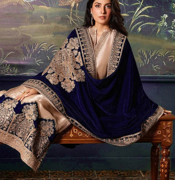 Zainab Chottani Velvet Festive Wedding Collection -Gold & Navy blue
