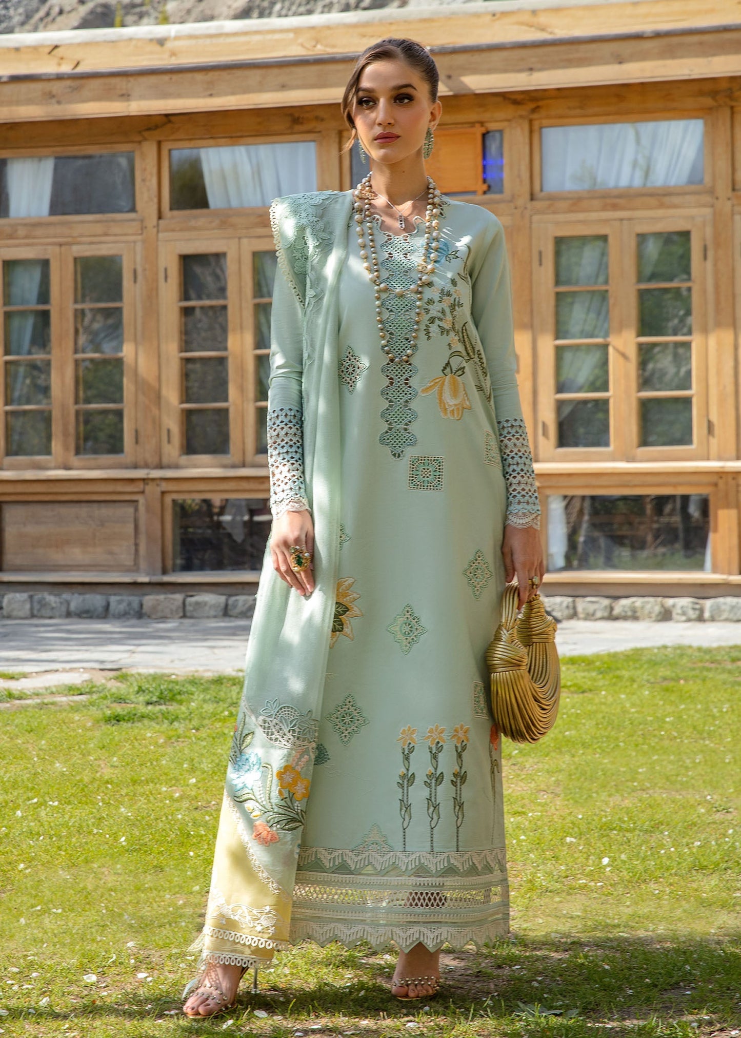 Crimson Embroidered Luxury CottonCollection- Soft Aqua