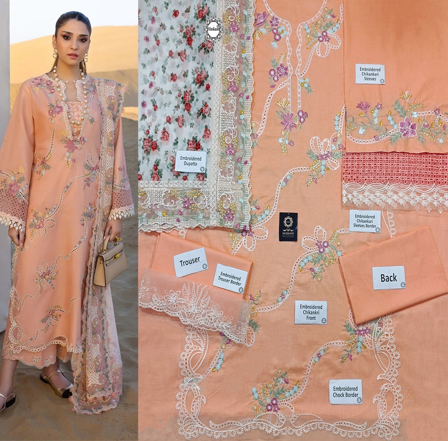 Crimson Flow Luxury Embroidered Chikankari Lawn Collection- Peach Pink