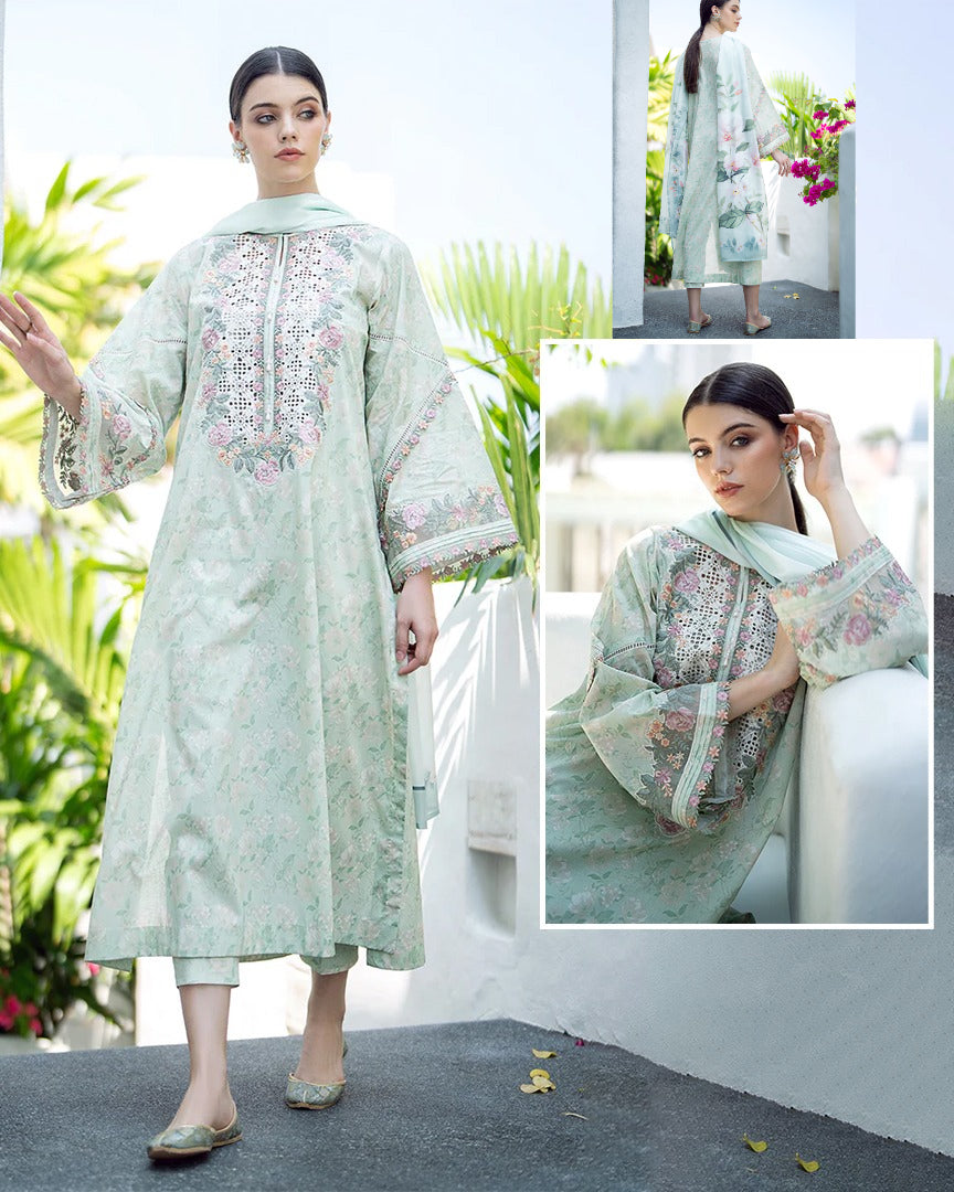 Baroque Digital Printed & Chikankari Pashmina Wool Collection - Misty Seagreen