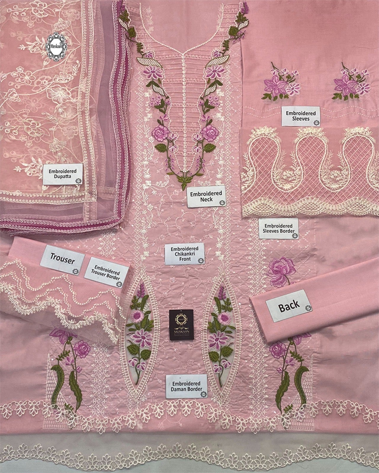 Crimson Flow Luxury Embroidered Chikankari Collection- Powder Pink 2B