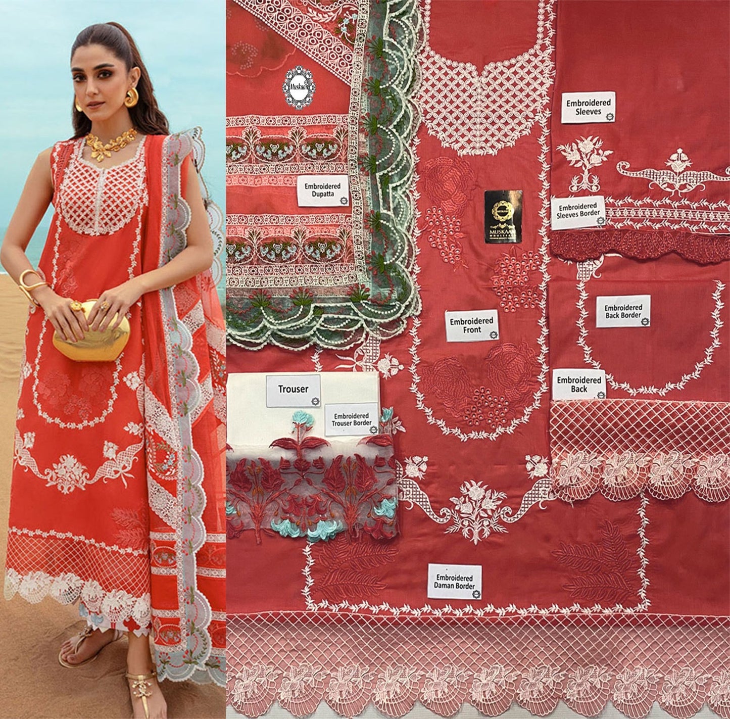 Saira Shakira By Crimson Embroidered Chikankari Luxury Lawn Collection-Carrot Red & Light Seagreen