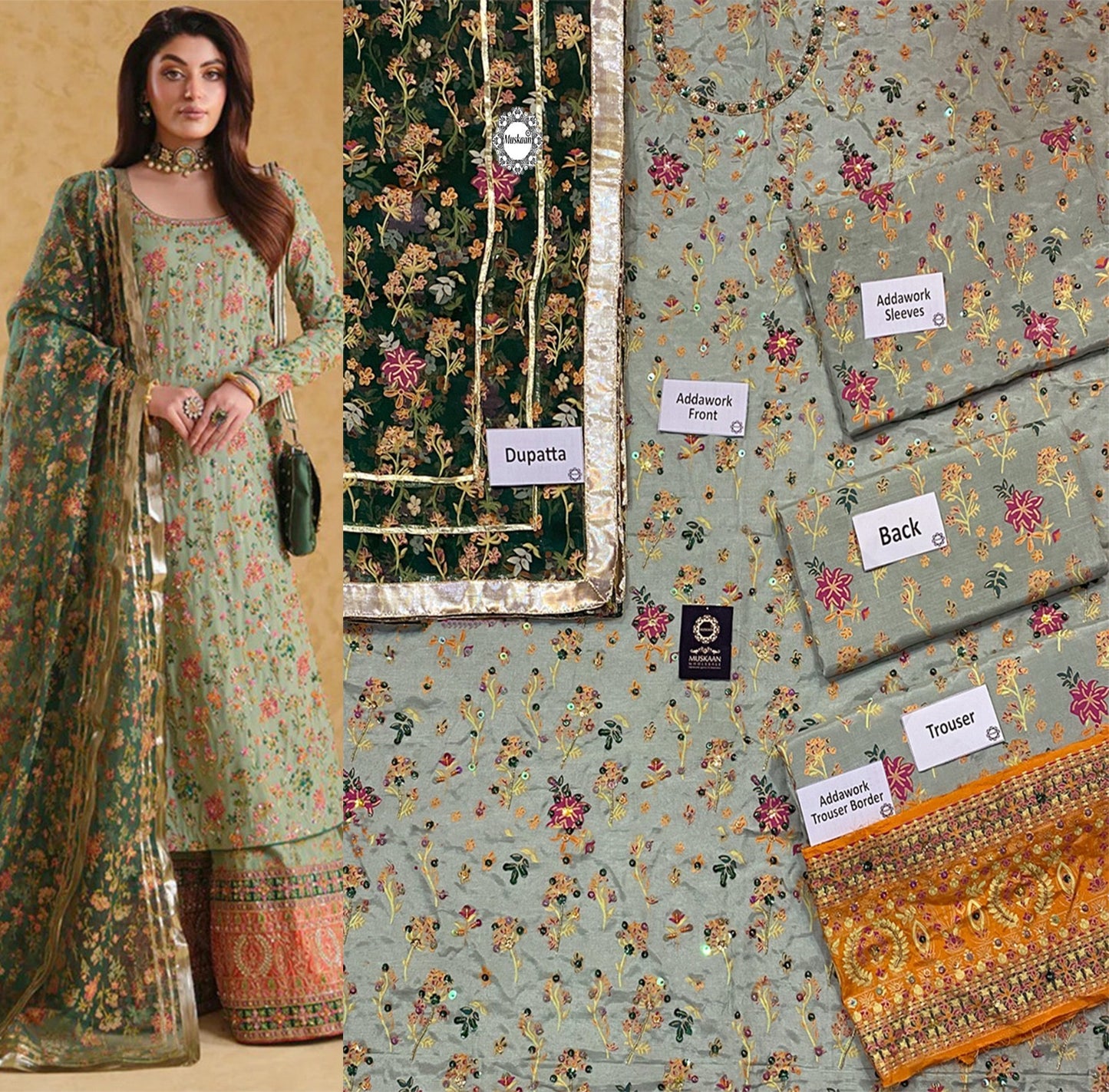 Neloo's Luxury Raw Silk Hand Embellished Formal Wedding Collection-Pista Green